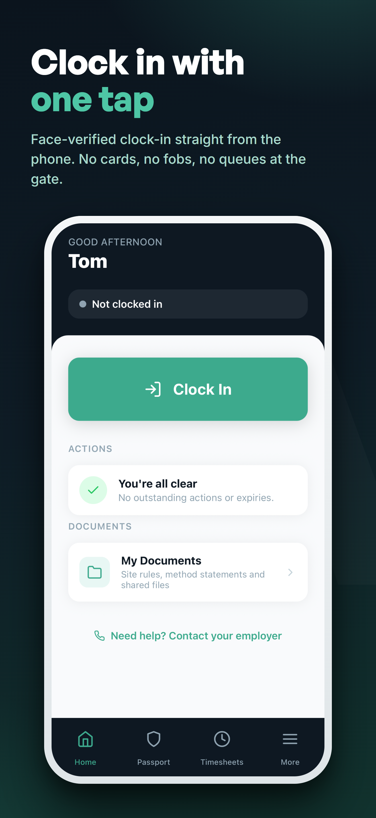 AttendIQ worker home screen with clock-in button and induction action
