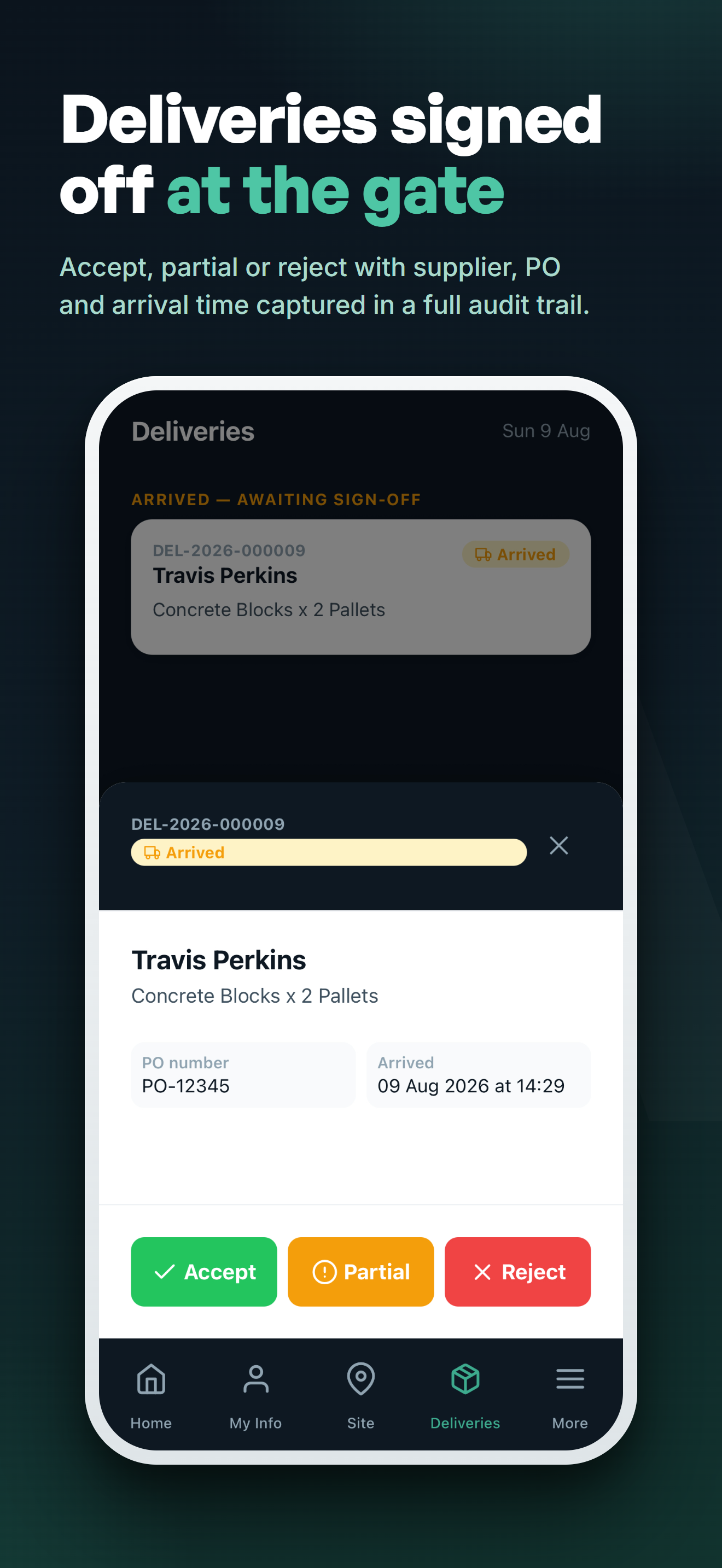 AttendIQ delivery management with accept, partial, and reject actions